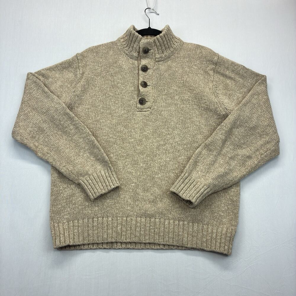 L.L.Bean Sweater Men’s Medium Beige Cotton Mock Neck Henley Pullover Knit